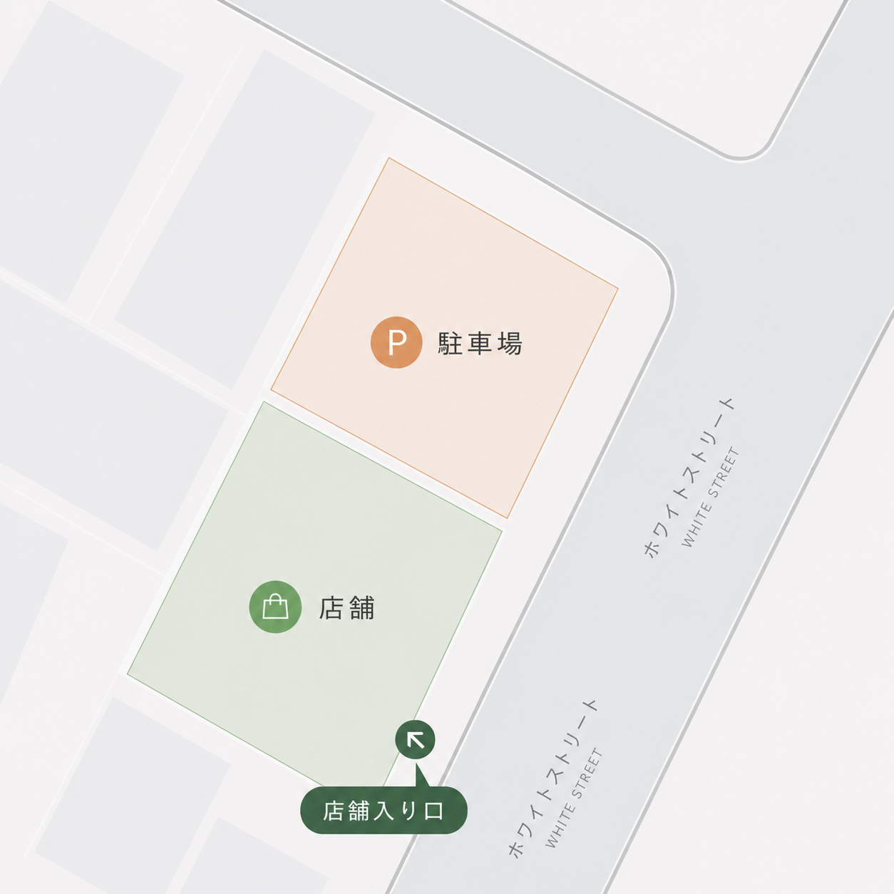 駐車場・店舗・店舗入口の位置関係を示した案内図